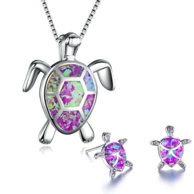 Silver Sea Turtle Necklace and Earrings Set