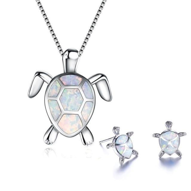 Silver Sea Turtle Necklace and Earrings Set