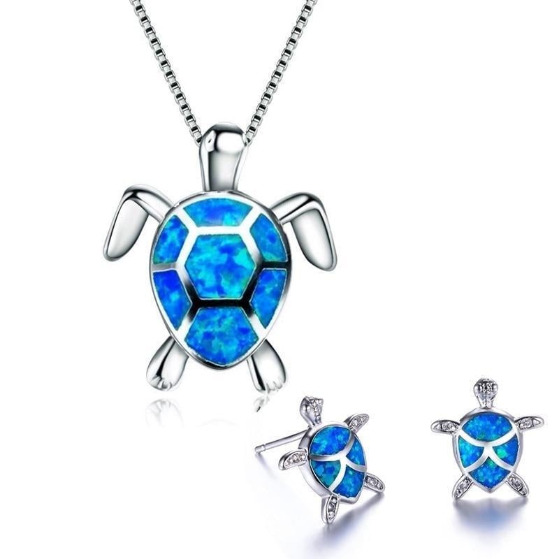 Silver Sea Turtle Necklace and Earrings Set