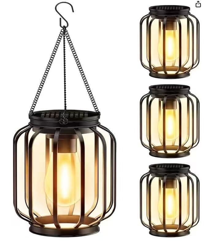 Solar Hanging Outdoor Lanterns with Vintage-Style LED Filament Bulb and Waterproof Metal Cage Suspension