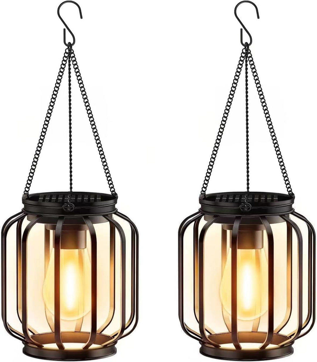 Solar Hanging Outdoor Lanterns with Vintage-Style LED Filament Bulb and Waterproof Metal Cage Suspension