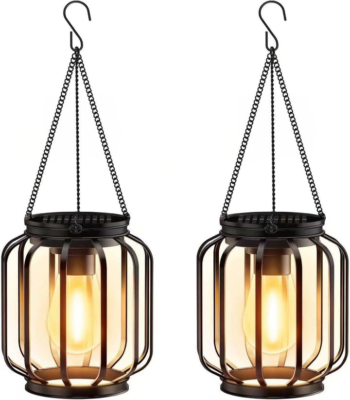 Solar Hanging Outdoor Lanterns with Vintage-Style LED Filament Bulb and Waterproof Metal Cage Suspension