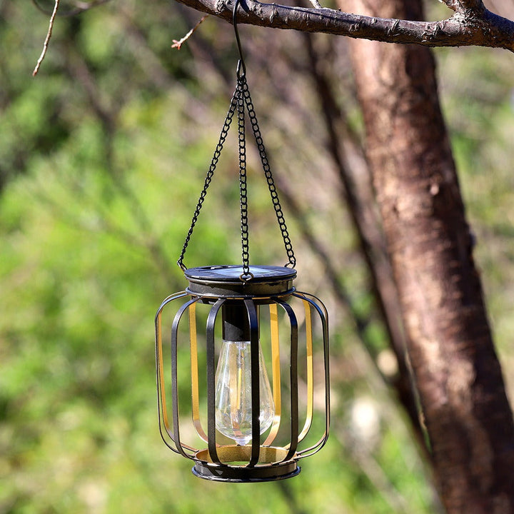 Solar Hanging Outdoor Lanterns with Vintage-Style LED Filament Bulb and Waterproof Metal Cage Suspension