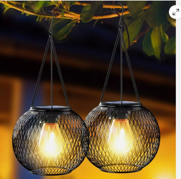 Solar Hanging Outdoor Lanterns with Vintage-Style LED Filament Bulb and Waterproof Metal Cage Suspension