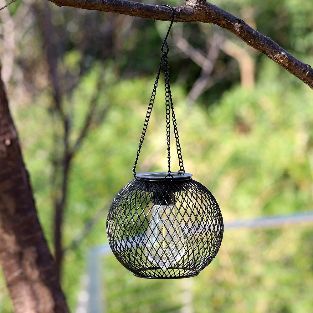 Solar Hanging Outdoor Lanterns with Vintage-Style LED Filament Bulb and Waterproof Metal Cage Suspension