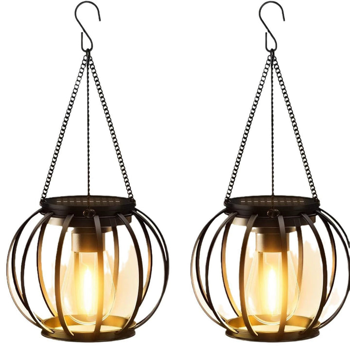 Solar Hanging Outdoor Lanterns with Vintage-Style LED Filament Bulb and Waterproof Metal Cage Suspension