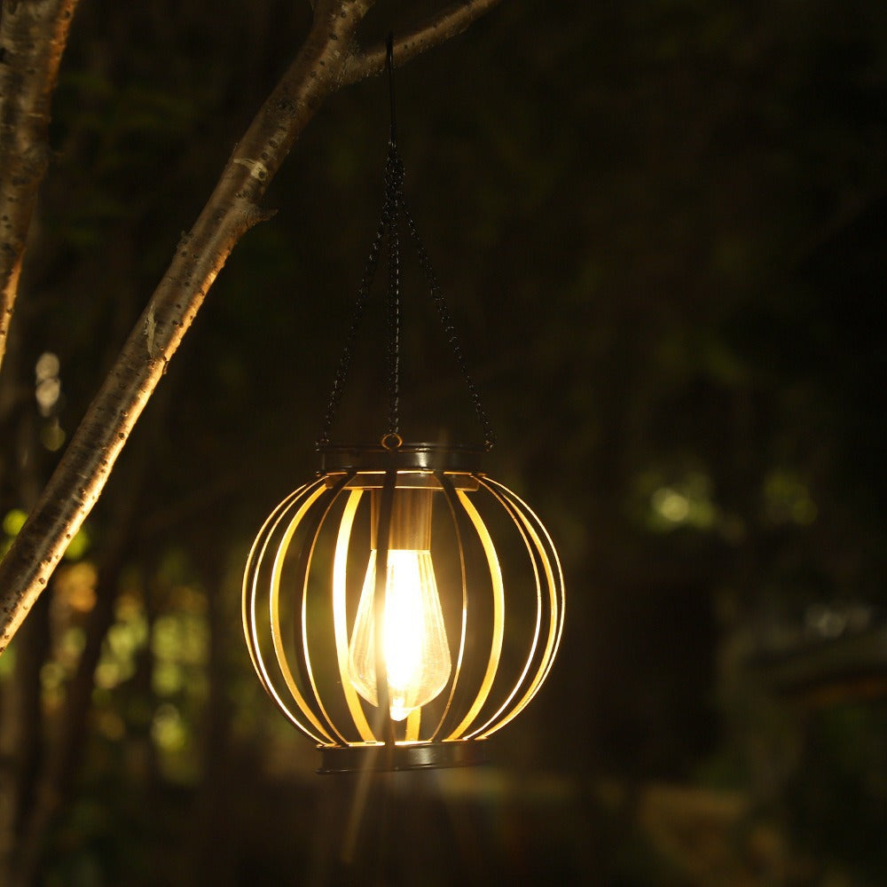 Solar Hanging Outdoor Lanterns with Vintage-Style LED Filament Bulb and Waterproof Metal Cage Suspension