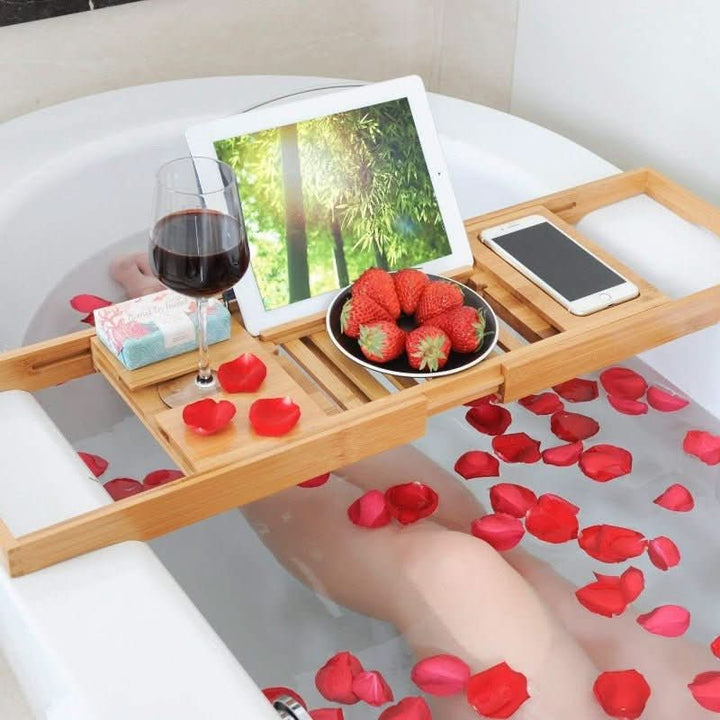Solavera Bamboo Relax Tray | Extendable Bathtub Tray | Sustainable &amp; Elegant | With Glass &amp; Book Holder for Spa Enjoyment at Home