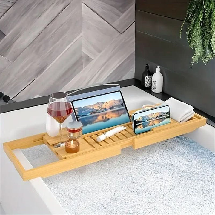 Solavera Bamboo Relax Tray | Extendable Bathtub Tray | Sustainable &amp; Elegant | With Glass &amp; Book Holder for Spa Enjoyment at Home