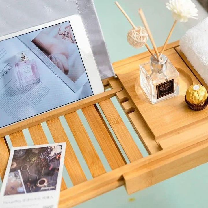 Solavera Bamboo Relax Tray | Extendable Bathtub Tray | Sustainable &amp; Elegant | With Glass &amp; Book Holder for Spa Enjoyment at Home