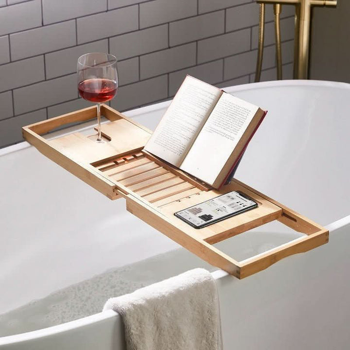 Solavera Bamboo Relax Tray | Extendable Bathtub Tray | Sustainable &amp; Elegant | With Glass &amp; Book Holder for Spa Enjoyment at Home