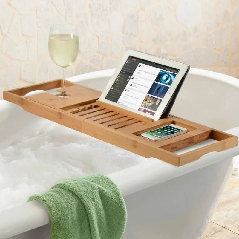 Solavera Bamboo Relax Tray | Extendable Bathtub Tray | Sustainable &amp; Elegant | With Glass &amp; Book Holder for Spa Enjoyment at Home
