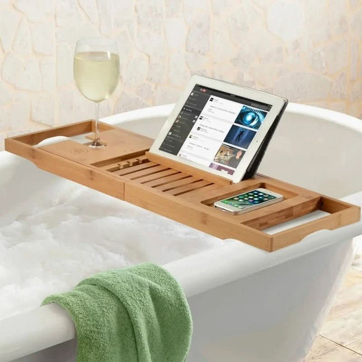 Solavera Bamboo Relax Tray | Extendable Bathtub Tray | Sustainable &amp; Elegant | With Glass &amp; Book Holder for Spa Enjoyment at Home