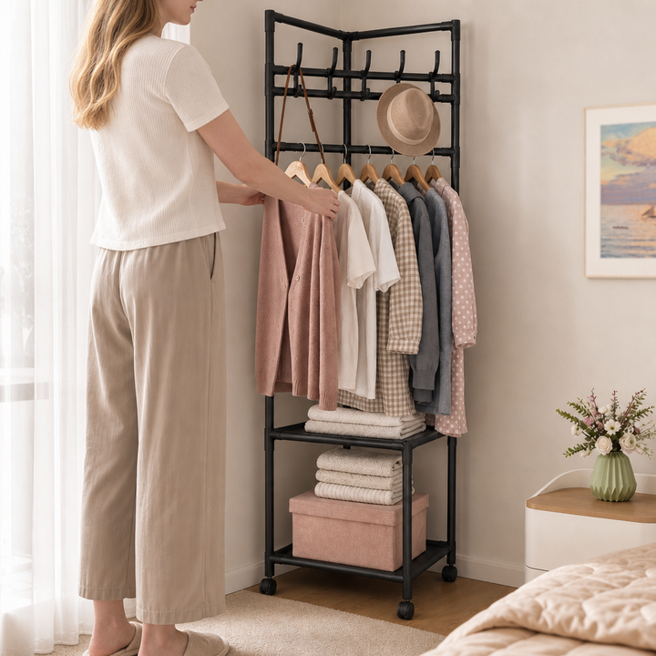 Space-Saving Garment Rack with Shelf and Hooks