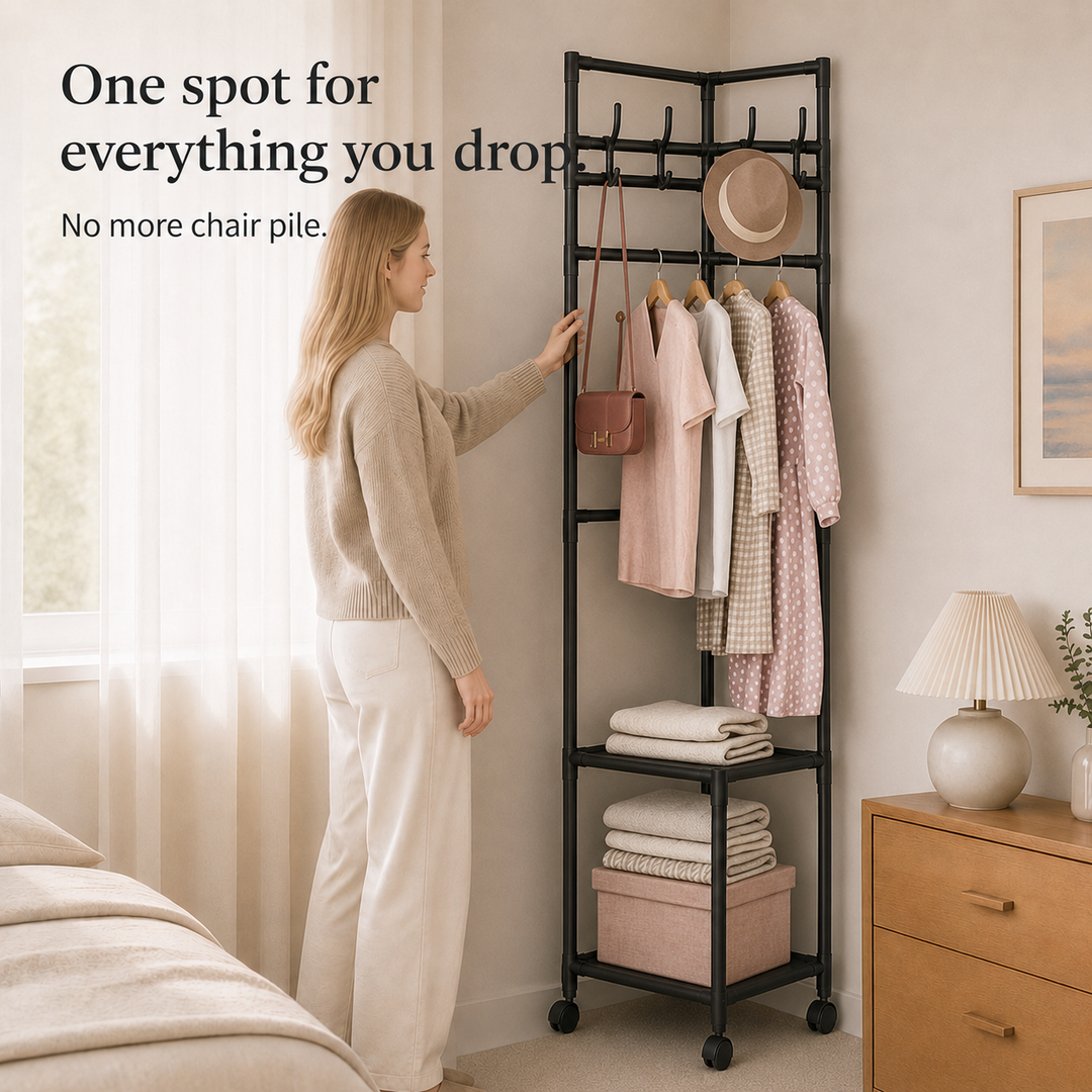 Space-Saving Garment Rack with Shelf and Hooks