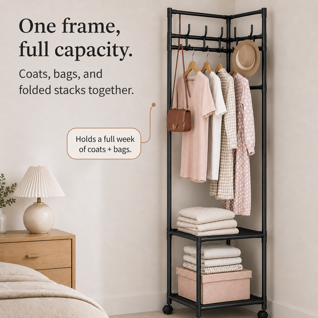 Space-Saving Garment Rack with Shelf and Hooks