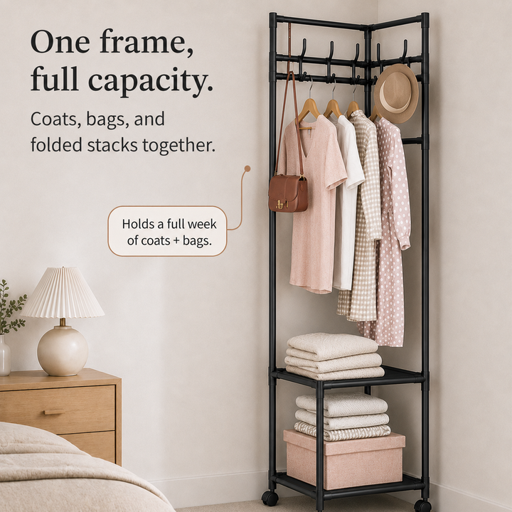 Space-Saving Garment Rack with Shelf and Hooks