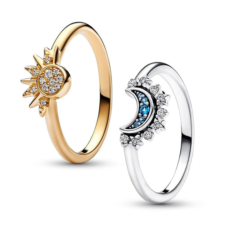 Sparkling Silver Crystal Ring - Elegant 925 silver ring with moon &amp; sun design