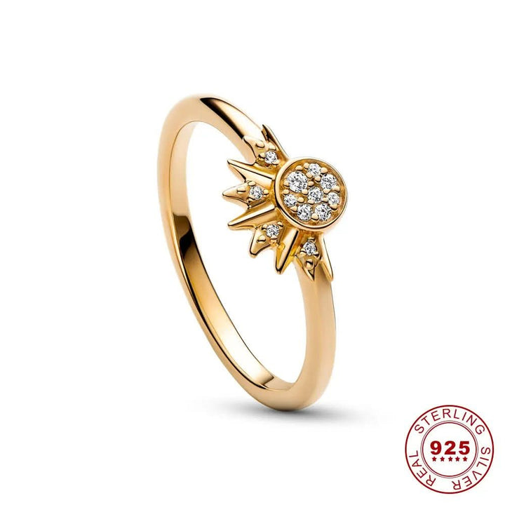 Sparkling Silver Crystal Ring - Elegant 925 silver ring with moon &amp; sun design
