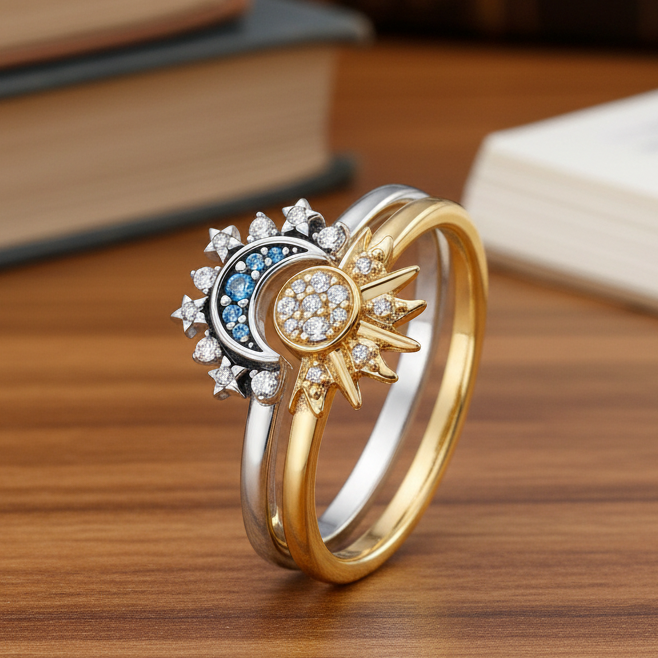 Sparkling Silver Crystal Ring - Elegant 925 silver ring with moon &amp; sun design