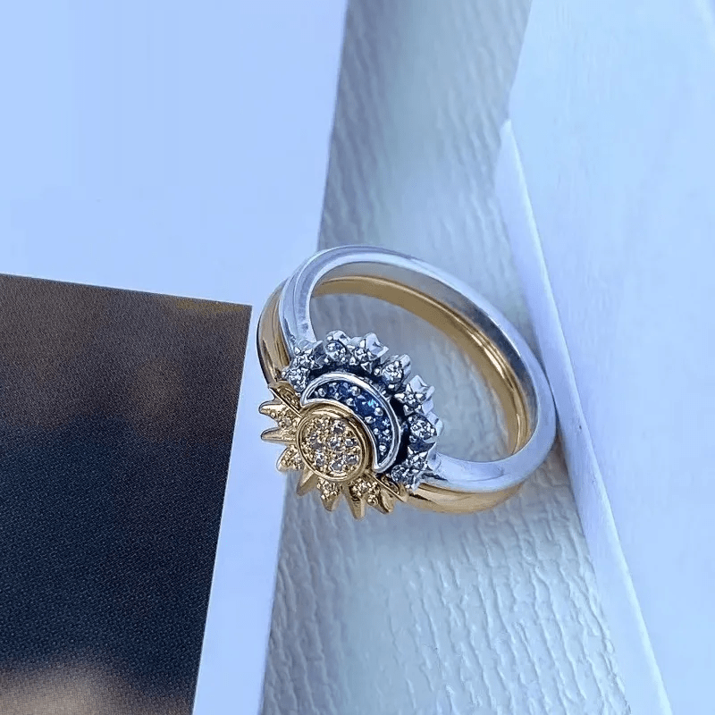Sparkling Silver Crystal Ring - Elegant 925 silver ring with moon &amp; sun design