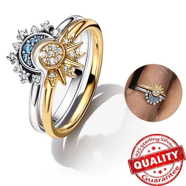 Sparkling Silver Crystal Ring - Elegant 925 silver ring with moon &amp; sun design