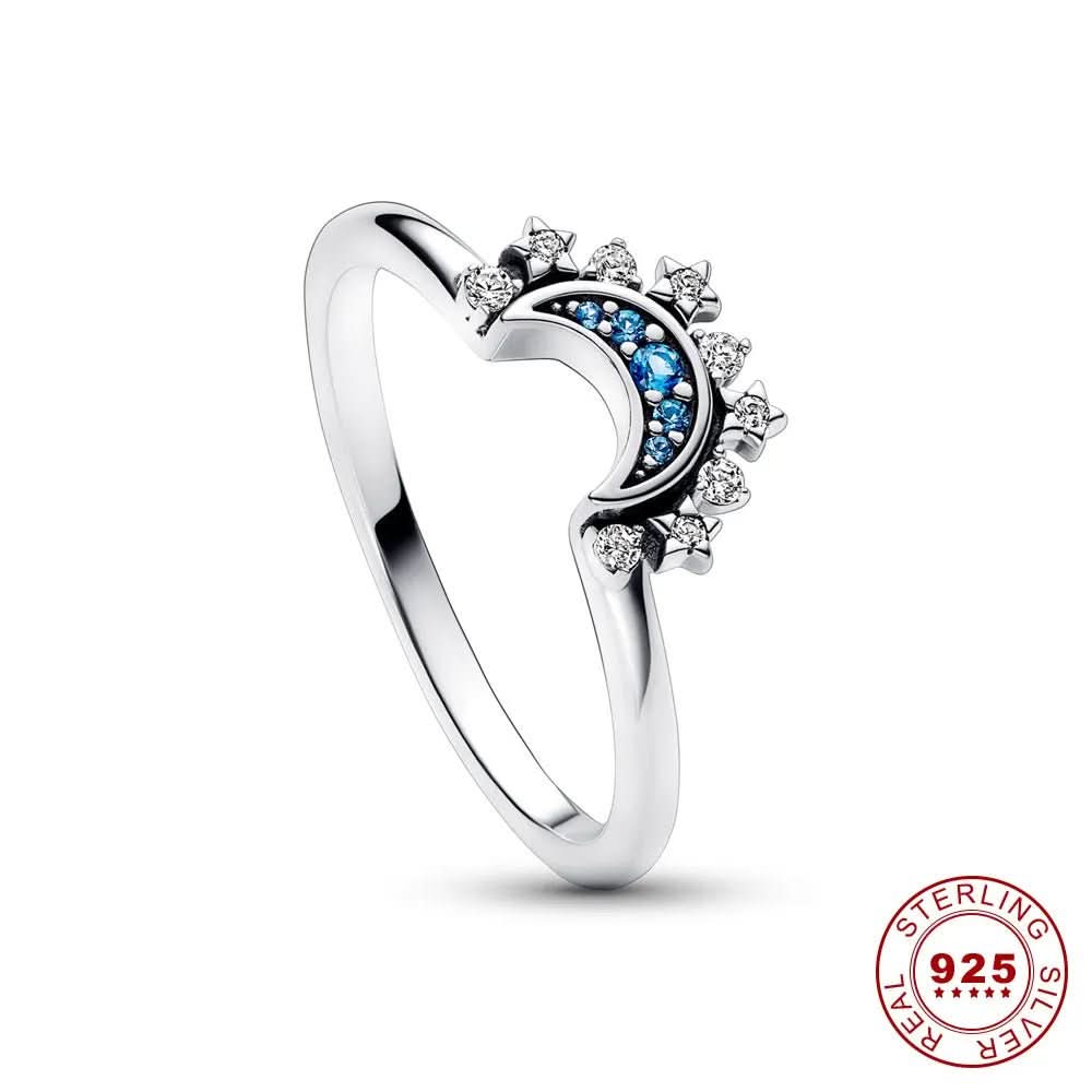 Sparkling Silver Crystal Ring - Elegant 925 silver ring with moon &amp; sun design