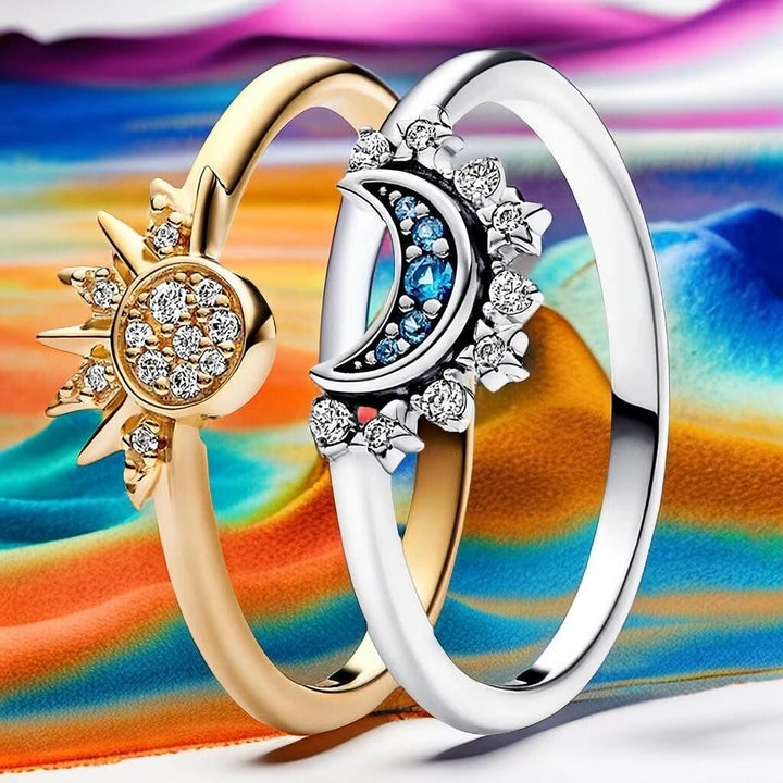 Sparkling Silver Crystal Ring - Elegant 925 silver ring with moon &amp; sun design