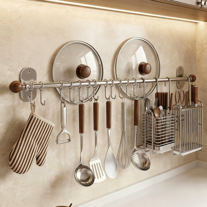 Stainless Steel Wall-Mounted Kitchen Utensil Rack with Hooks