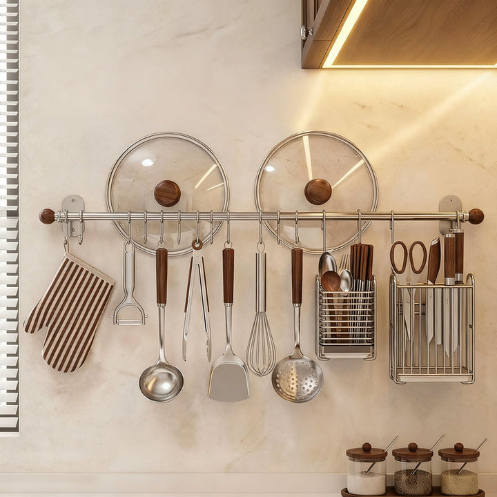 Stainless Steel Wall-Mounted Kitchen Utensil Rack with Hooks