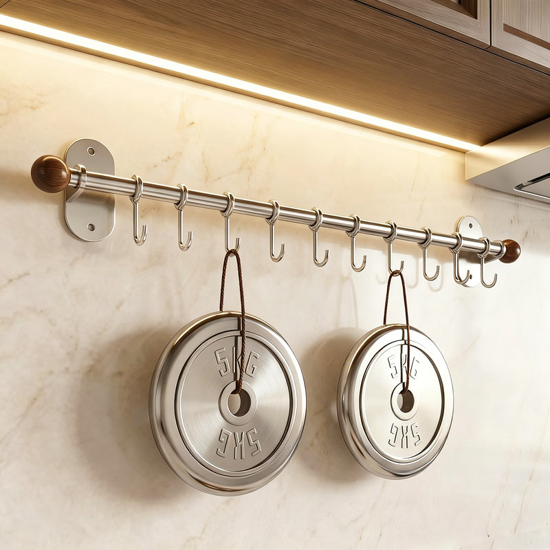 Stainless Steel Wall-Mounted Kitchen Utensil Rack with Hooks