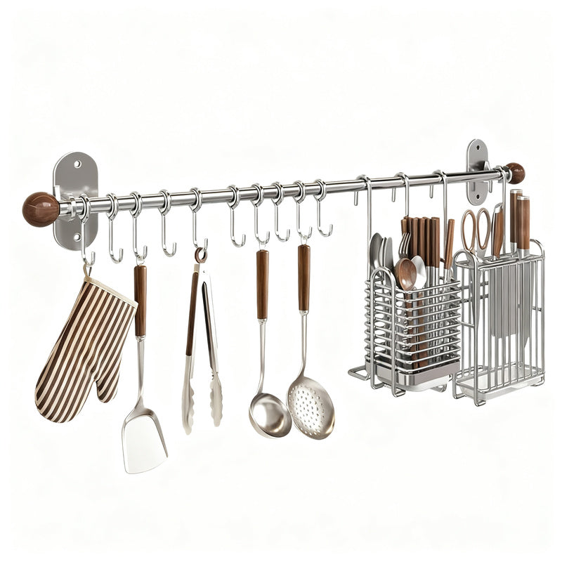 Stainless Steel Wall-Mounted Kitchen Utensil Rack with Hooks