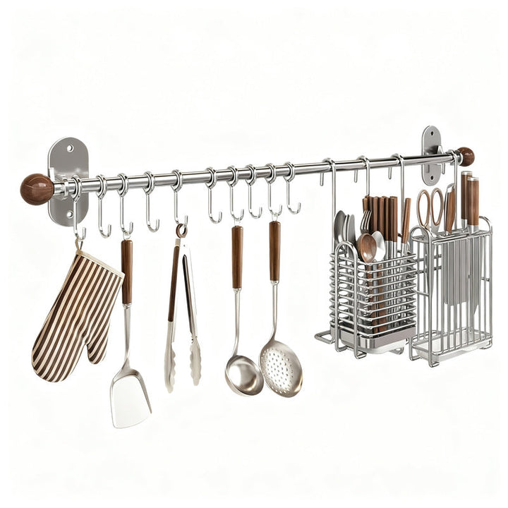 Stainless Steel Wall-Mounted Kitchen Utensil Rack with Hooks