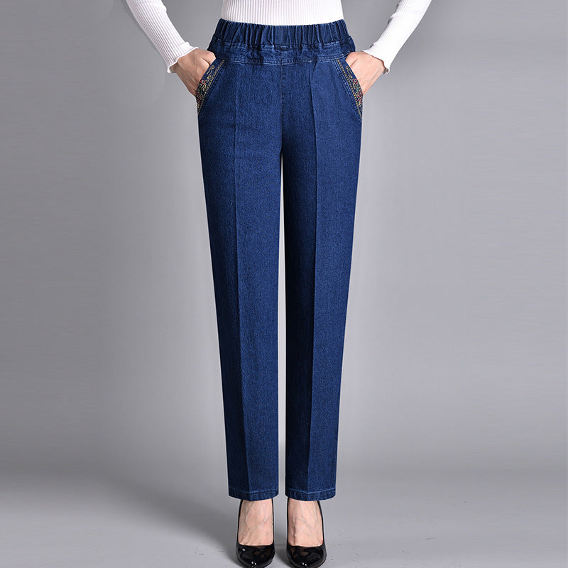 Straight-Leg Jeans with Side Pockets and Elastic Waist