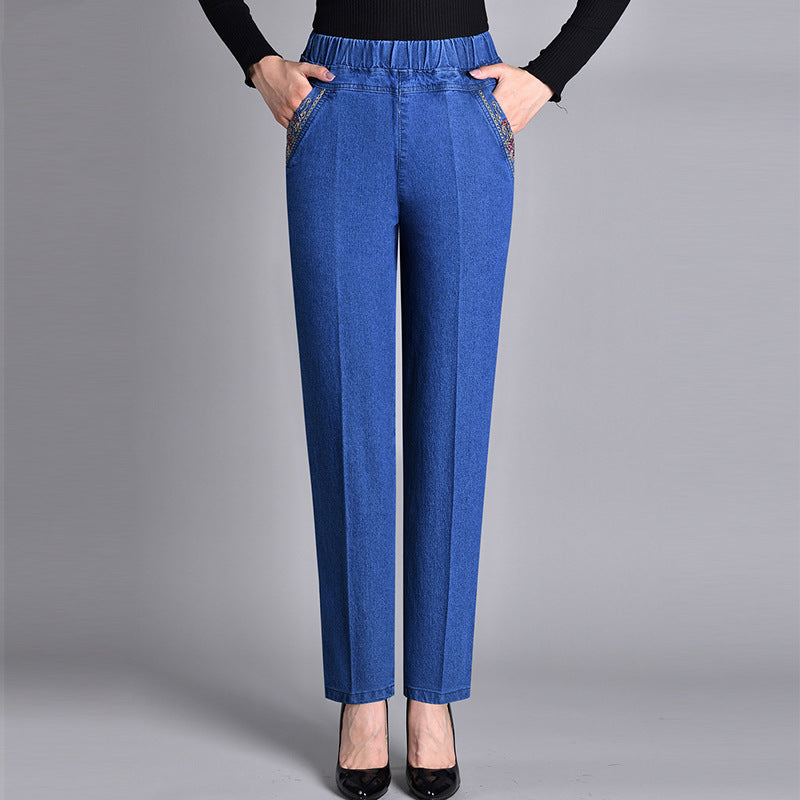 Straight-Leg Jeans with Side Pockets and Elastic Waist