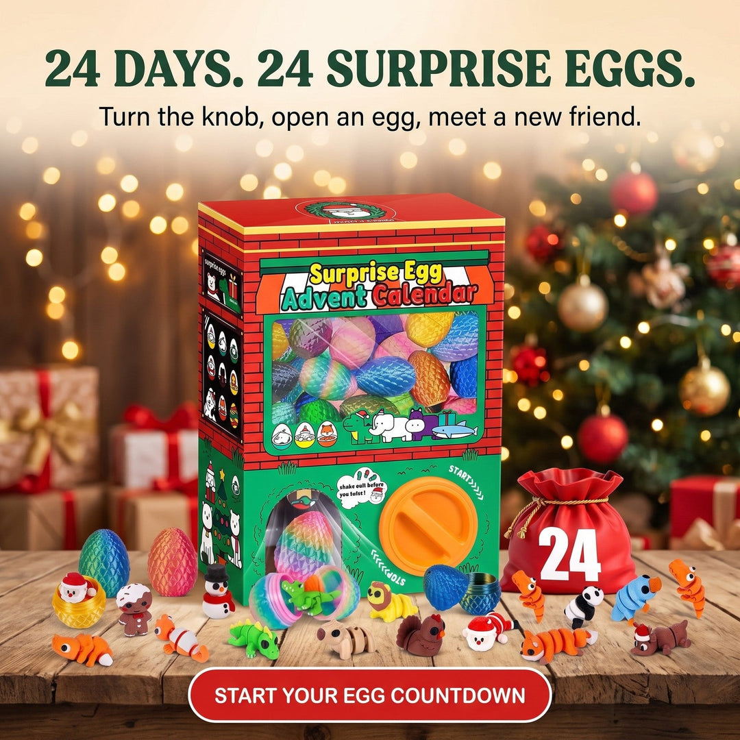 24 Surprise Eggs Advent Calendar with Flexible 3D Printed Animals and Christmas Figures
