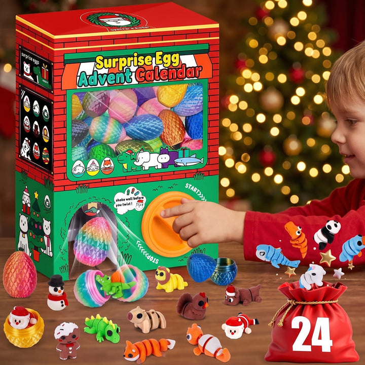 24 Surprise Eggs Advent Calendar with Flexible 3D Printed Animals and Christmas Figures