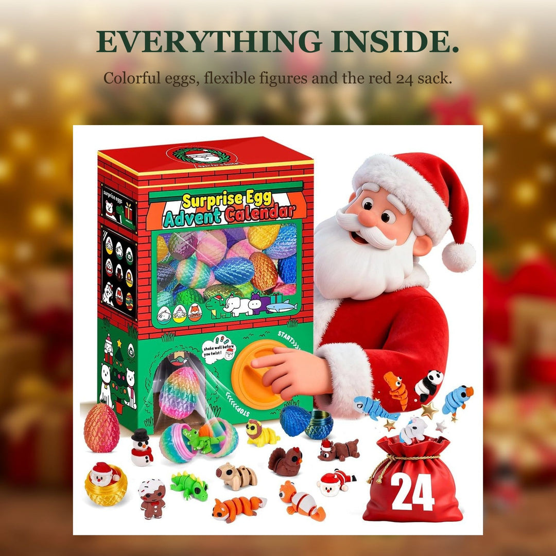 24 Surprise Eggs Advent Calendar with Flexible 3D Printed Animals and Christmas Figures