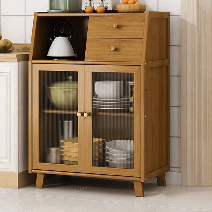 Traditional Vintage Rectangular Bamboo and MDF Kitchen Sideboard with 2 Drawers and Acrylic Doors