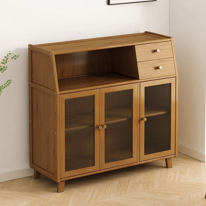Traditional Vintage Rectangular Bamboo and MDF Kitchen Sideboard with 2 Drawers and Acrylic Doors