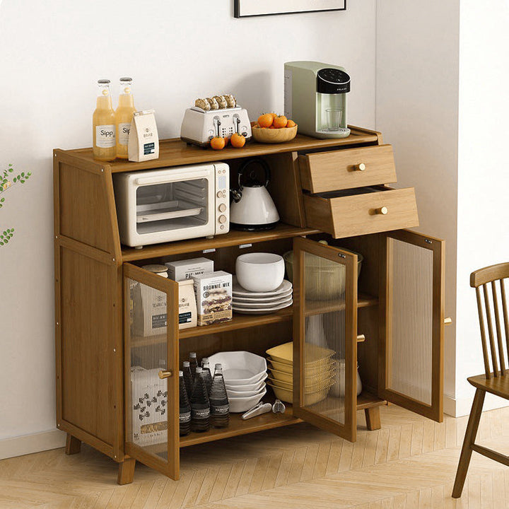 Traditional Vintage Rectangular Bamboo and MDF Kitchen Sideboard with 2 Drawers and Acrylic Doors