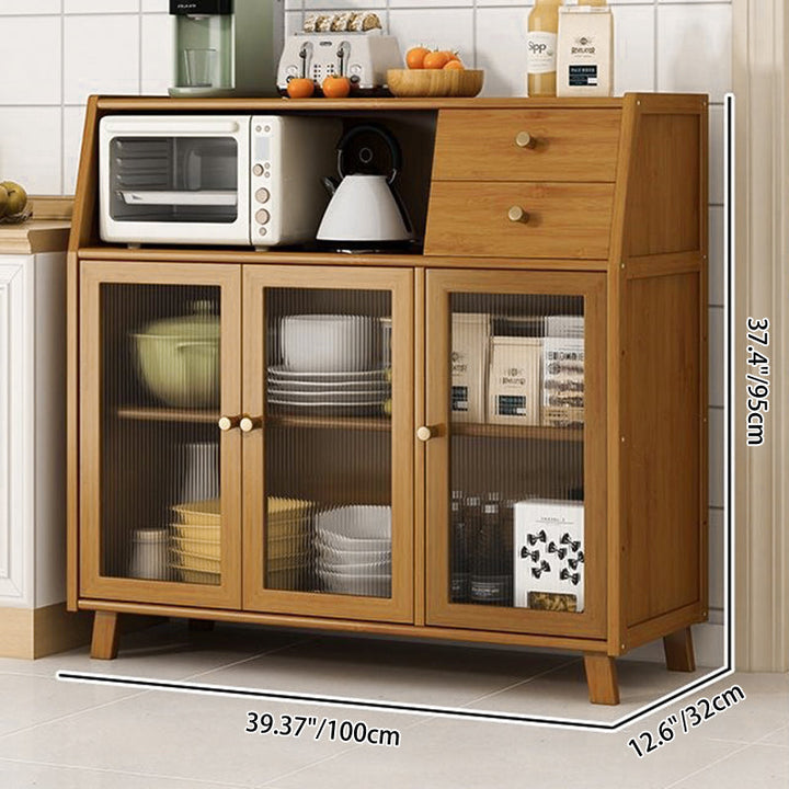 Traditional Vintage Rectangular Bamboo and MDF Kitchen Sideboard with 2 Drawers and Acrylic Doors