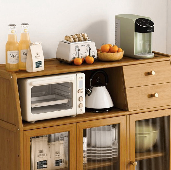 Traditional Vintage Rectangular Bamboo and MDF Kitchen Sideboard with 2 Drawers and Acrylic Doors