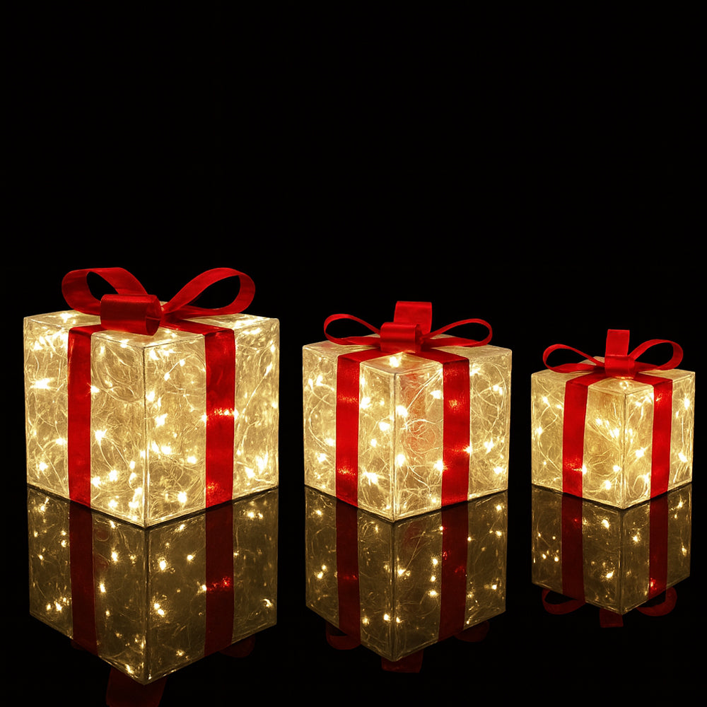 Transparent LED Gift Boxes with Red Bows - Set of 3