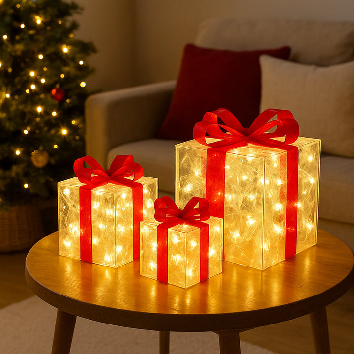 Transparent LED Gift Boxes with Red Bows - Set of 3