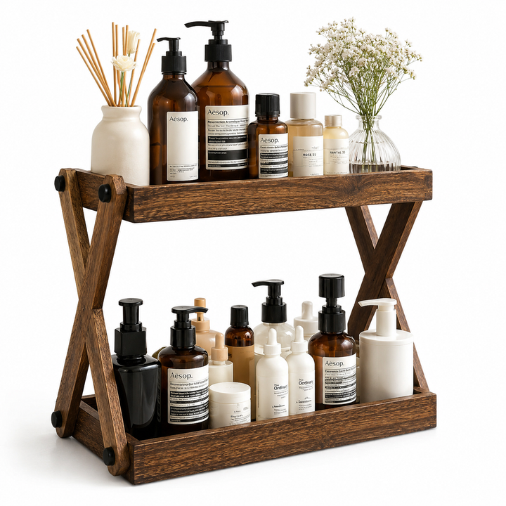Two-Tier Solid Wood Bathroom Vanity Organizer Shelf