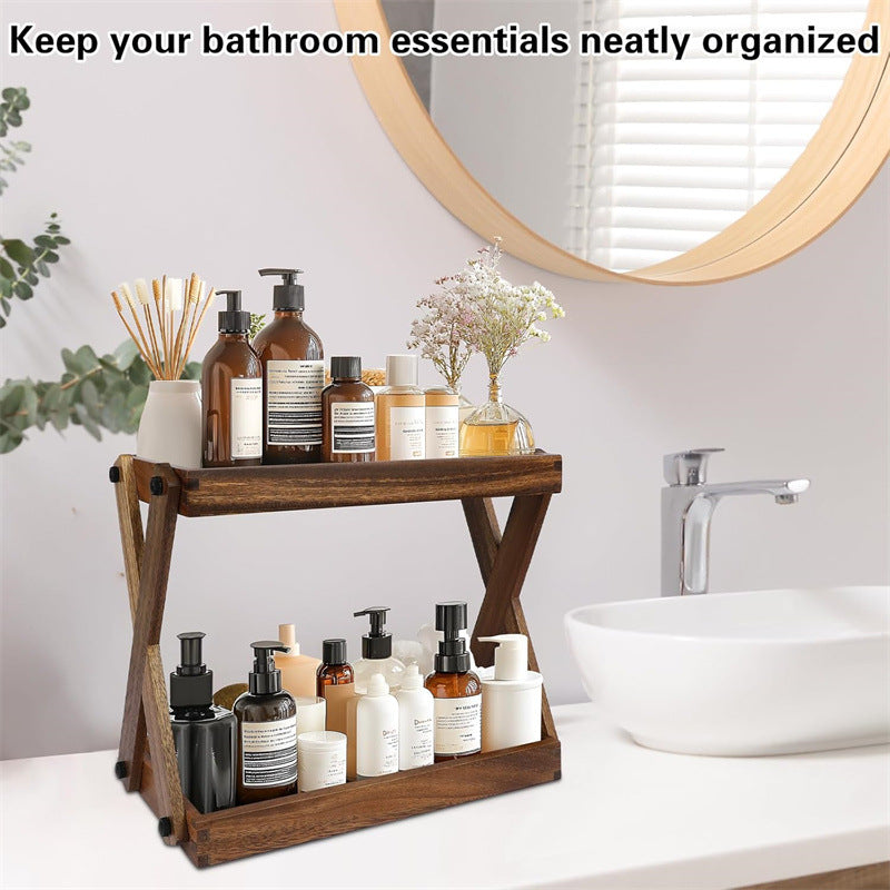 Two-Tier Solid Wood Bathroom Vanity Organizer Shelf