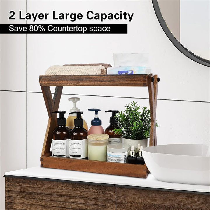 Two-Tier Solid Wood Bathroom Vanity Organizer Shelf