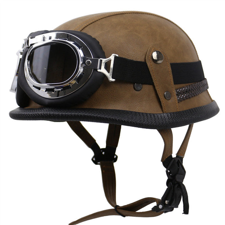 Vintage Leather Biker Helmet with Goggles