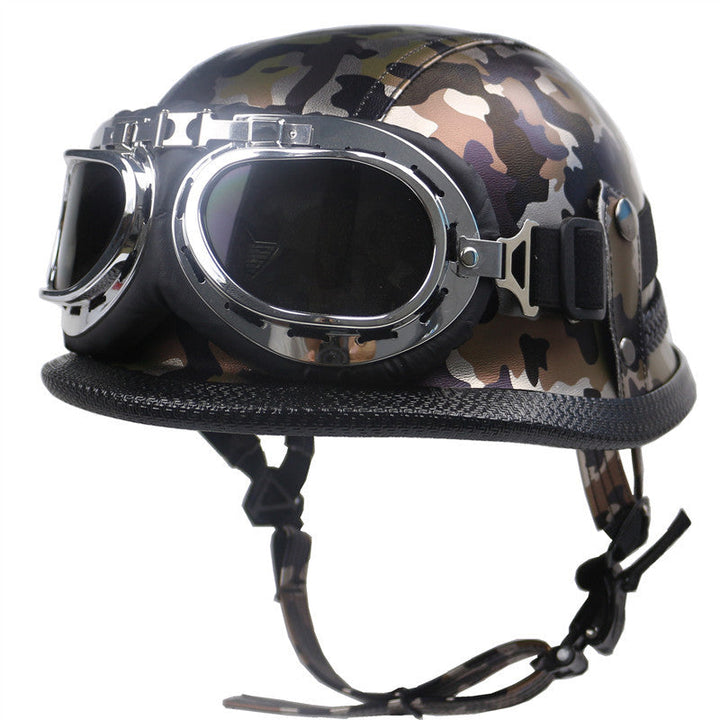 Vintage Leather Biker Helmet with Goggles